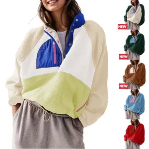 Womens Cropped Sherpa Fleece Pullover Zip Up Jacket with Pockets Soft Fuzzy Lightweight Warm FallFreshness Coat Outerwear Womenswear Baggy Long Sleeve