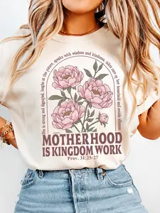 Cotton Retro Motherhood Is Kingdom Work  Shirt, Mothers Day Shirt, Christian Mom,Religious Boho Floral Bible Shirt,Mom Life Tee