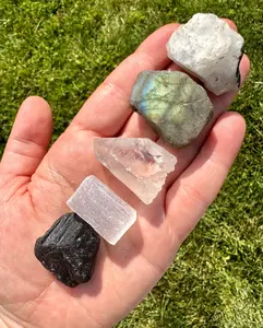 Raw Moon Stone Set - Full Moon Stone Set - New Moon Stone Set - Moonstone, Selenite, Labradorite, Black Tourmaline, & Clear Quartz