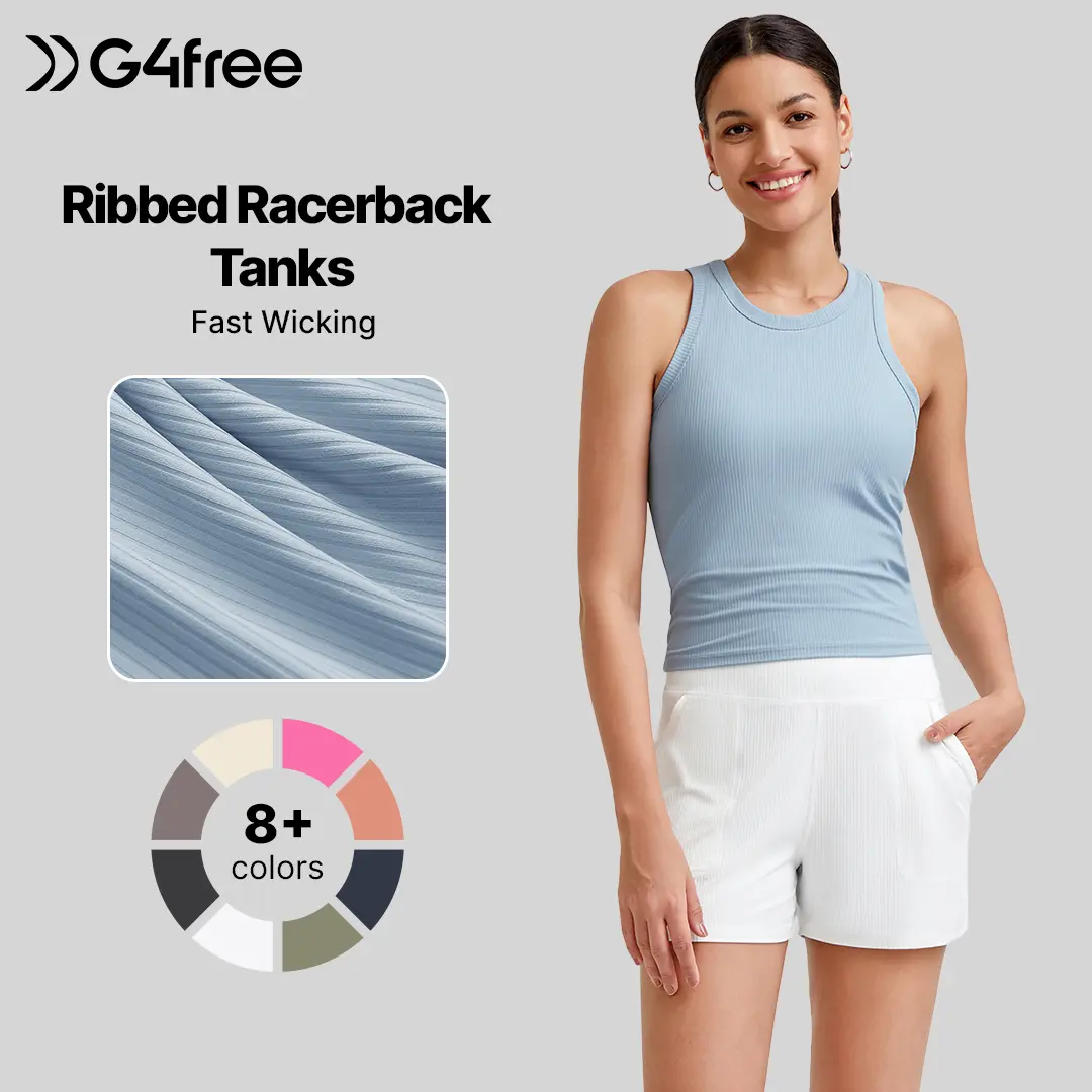 G4Free Women's Slim-Fitted Racerback Elastic Ribbed Vest - Sleeveless Gym Top, Sports & Athletic Tank Tops for Summer Casual Yoga Workouts