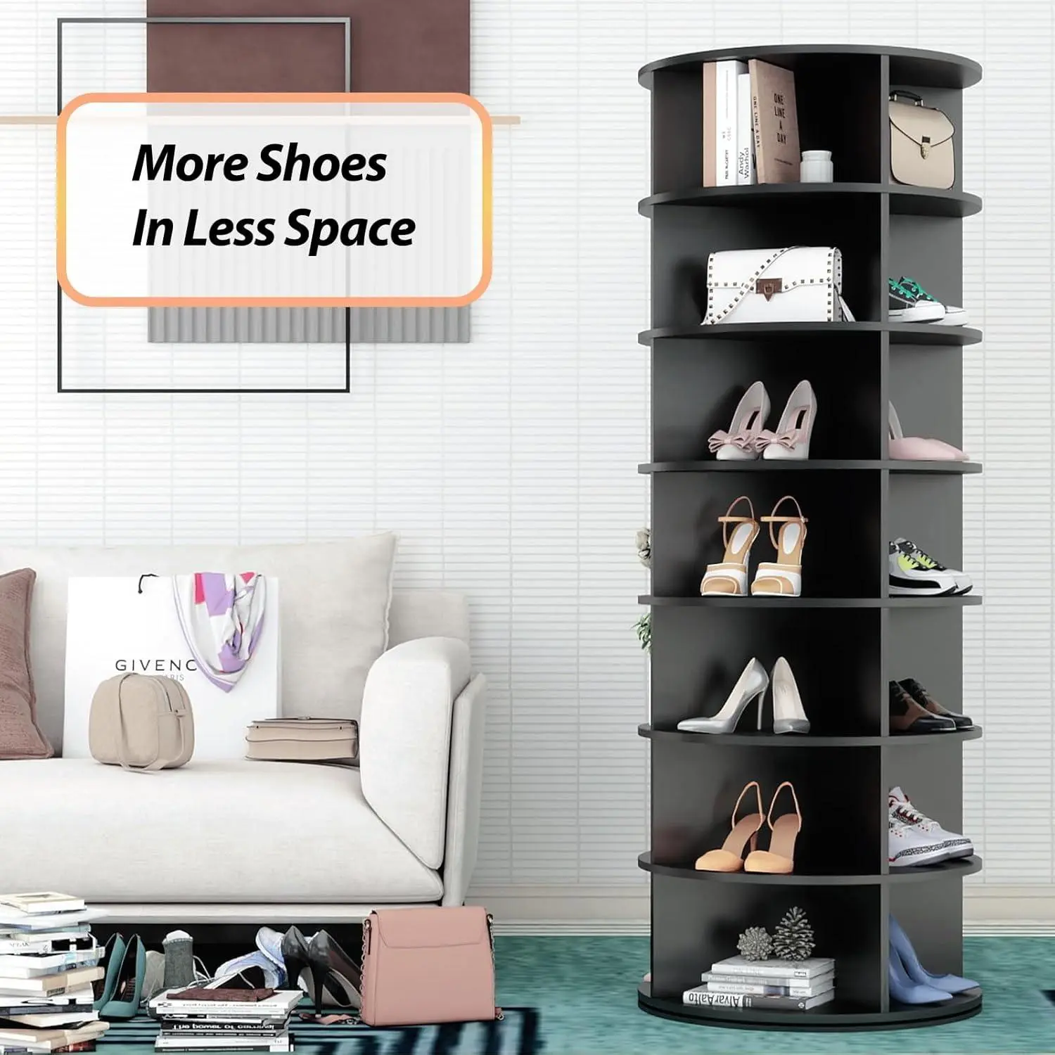 7 Tier Rotating Shoe Rack Tower, Spinning Shoe Organizer Rotating Shelf, Space-Saving 360° Revolving Shoe Rack Storage Round Carousel for Entryway, Closet & Bedroom