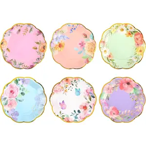 Kochorie 72 Pieces Floral Paper Plates, 7 Inch Floral Tea Party Disposable Plates, Wildflower Scalloped Dessert Plate for Birthday Baby Shower Wedding Garden Afternoon Decorations, 6 Styles