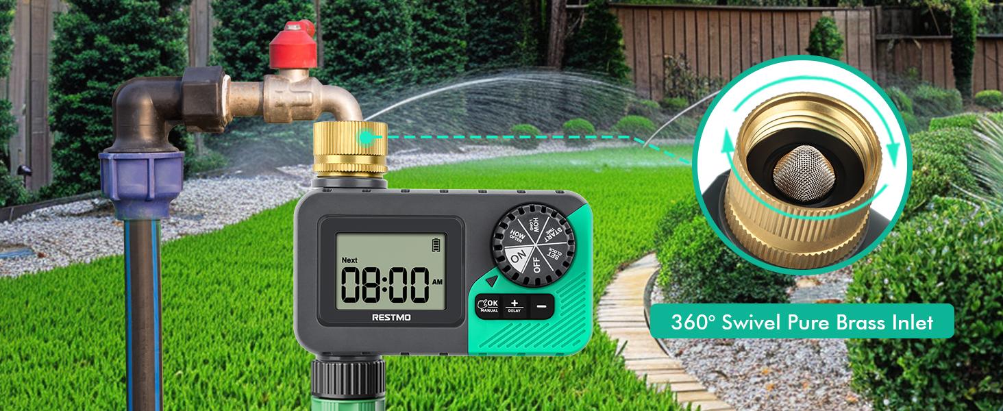 RESTMO Sprinkler Timer with Brass Inlet, Water Timer for Garden Hose, Rain Delay/Manual/Automatic for Outdoor Faucet, Drip Irrigation and Lawn Watering System