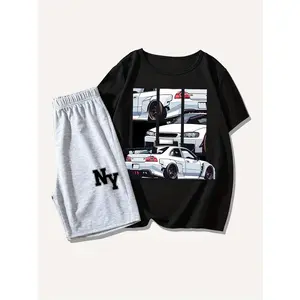 2pcs Tween Boy Casual Car Print T-Shirt & Shorts Set - Black Tee with White Cars Design, Light Gray Shorts with "" Logo,,/Attire |         Casual Style |         Stretchy, Outdoor