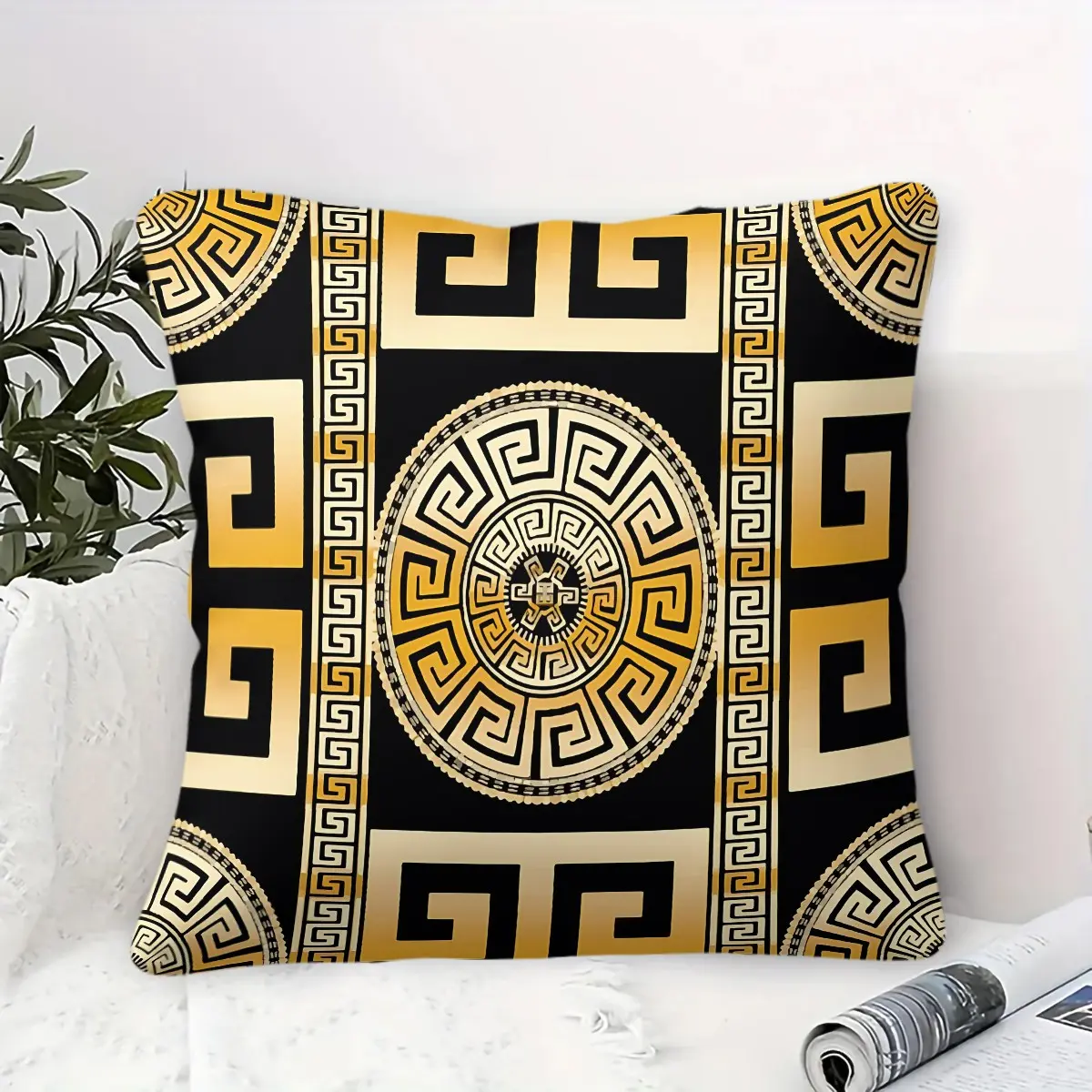 Greek Key Cushion Covers, Modern Geometric Greek Decor, Bohemian Gold and Blue Cushions, Living Room, Bedroom, Office Sofa, Cushion Covers For Couches And Sofas, Modern Geometric Greek Key Decor