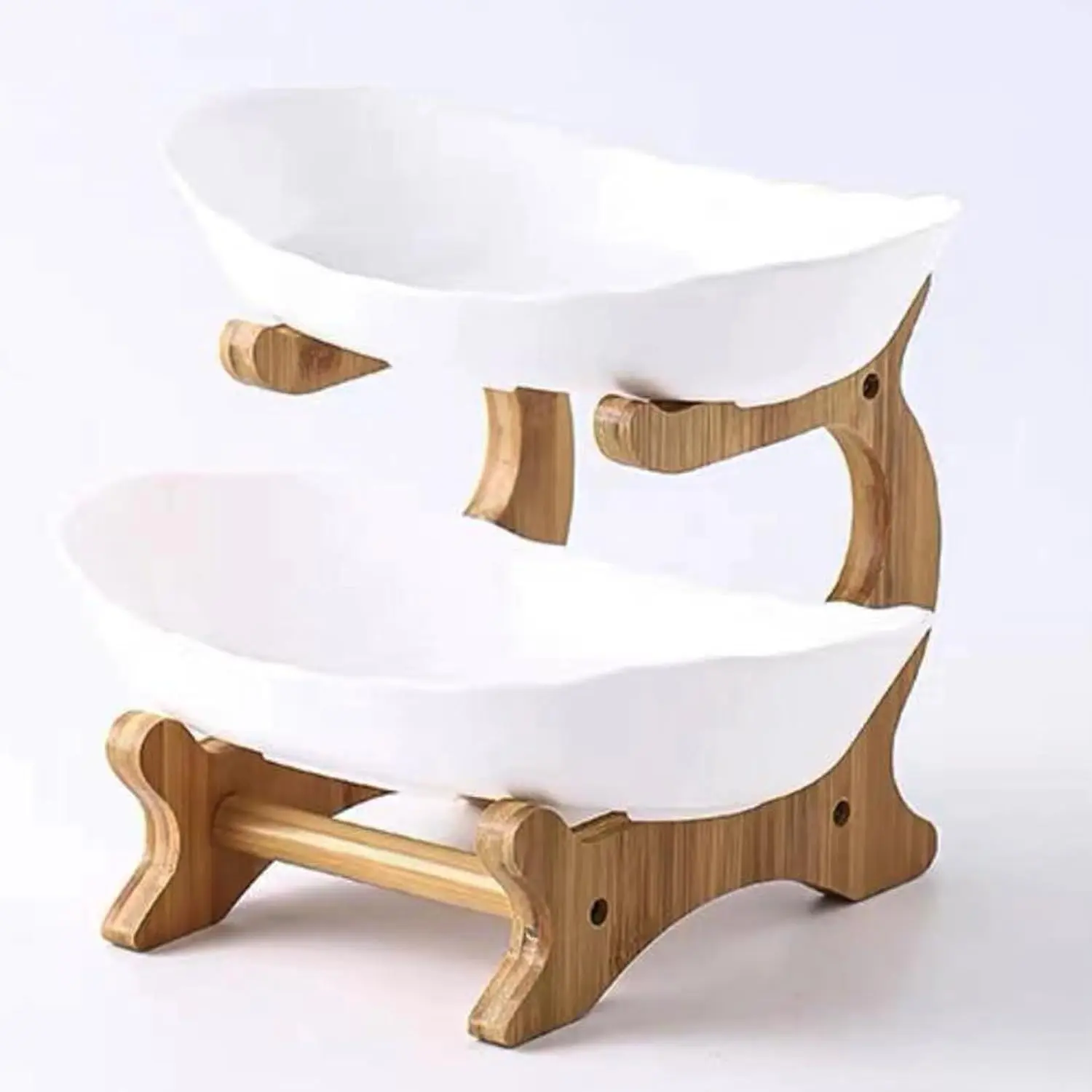 2-Tier Oval Fruit Storage Bowl Organiser Set - Smooth PP Plastic Basket with Natural Bamboo Shelf, Large Durable Kitchen Food Holder, Countertop Decor, Ideal Father's Day Gift (Reusable)