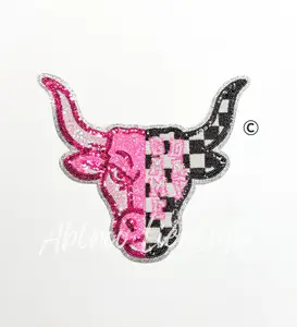 Preppy Pink Checkered Longhorn Mascot Game Day Sequin Patch - Large