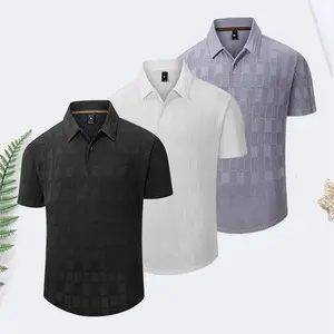 Men’s Plus Size Textured Polo Shirt Set – Breathable jacquard plaid short-sleeve design, suitable for casual, business, and everyday wear