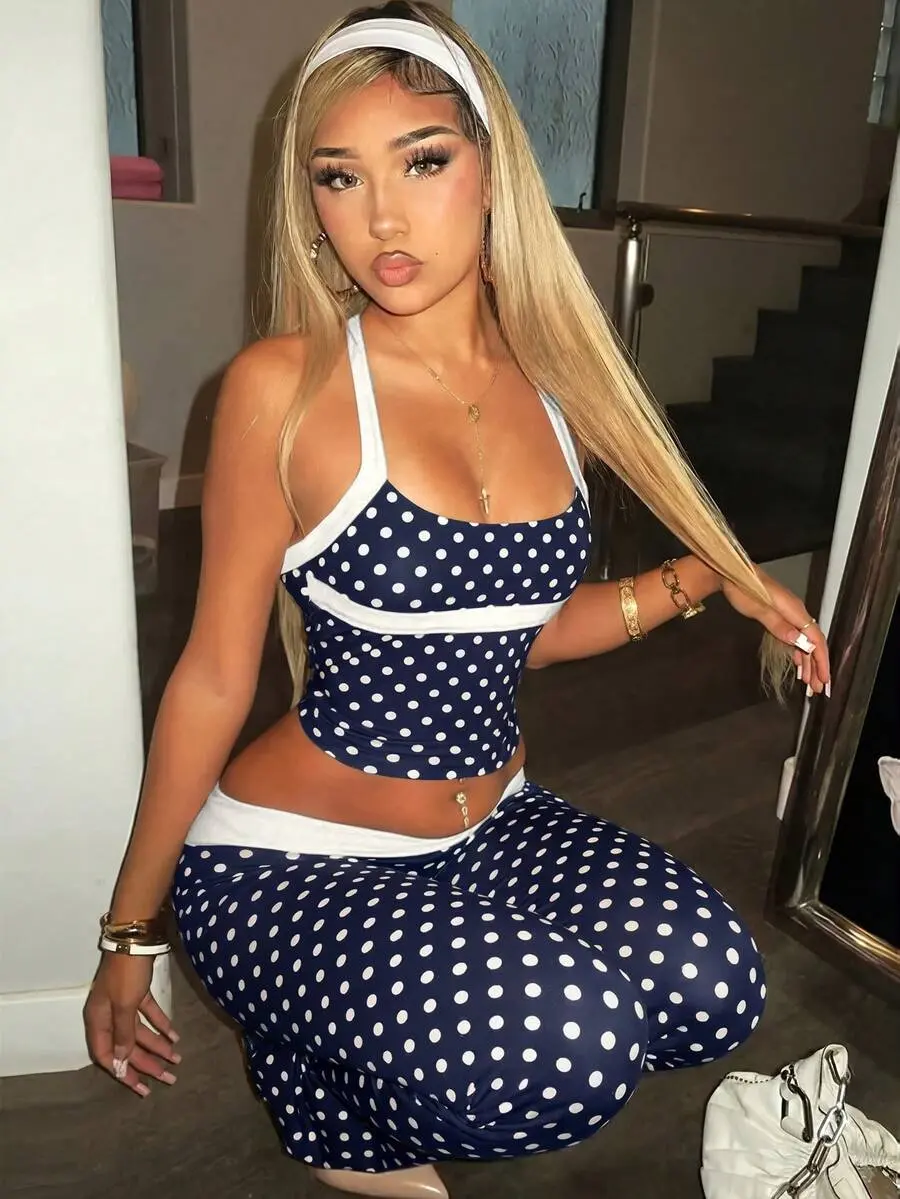Y2K Polka Dot 2 Piece Set, Halter Backless Top And Low Rise Flared Pants, Women's Party Outfit