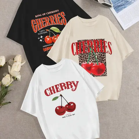 Women's Cherry Print Round Neck Tee, Casual Short Sleeve Breathable T-shirt for Summer, Ladies Clothes for Everyday Wear, Streetwear, Top