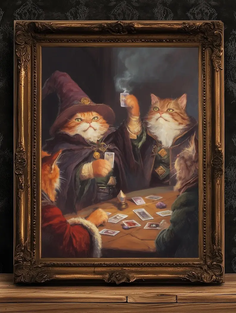 Funny Cat Playing Magic The Gathering Art Print Poster, Fantasy Wizard Cat Wall Decor for MTG Fans, Gaming Poster or Gift for Cat Lovers Unframed