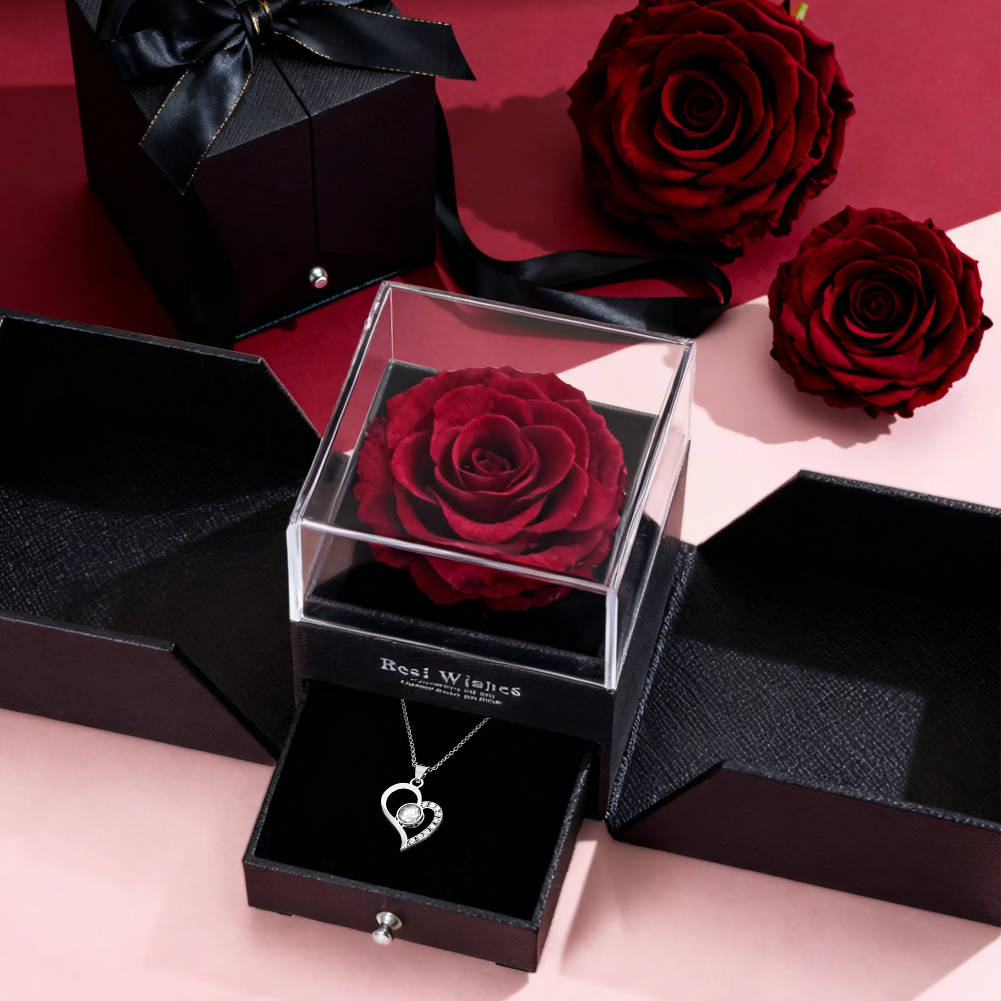 Preserved Rose Gift Box with Necklace - Romantic Eternal Jewelry Gift for Girlfriend - Ideal for Valentine's Day, Birthday
