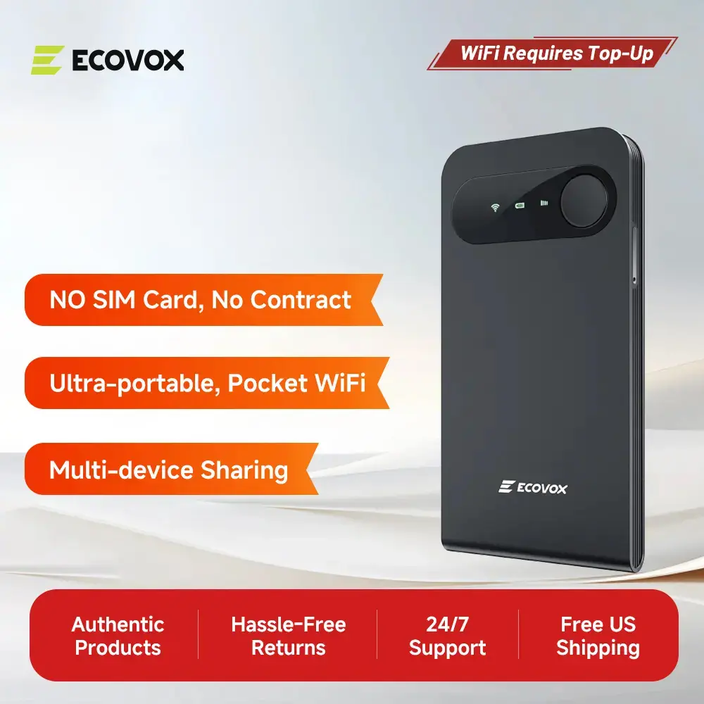 [Deals For You Days] ECOVOX Global Portable WiFi Hotspot, 4G LTE Pocket Router, Multi-Carrier Support, 150Mbps, FCC Certified, 86g Lightweight, Free 1GB Data for Travel, RVs & Road Trips