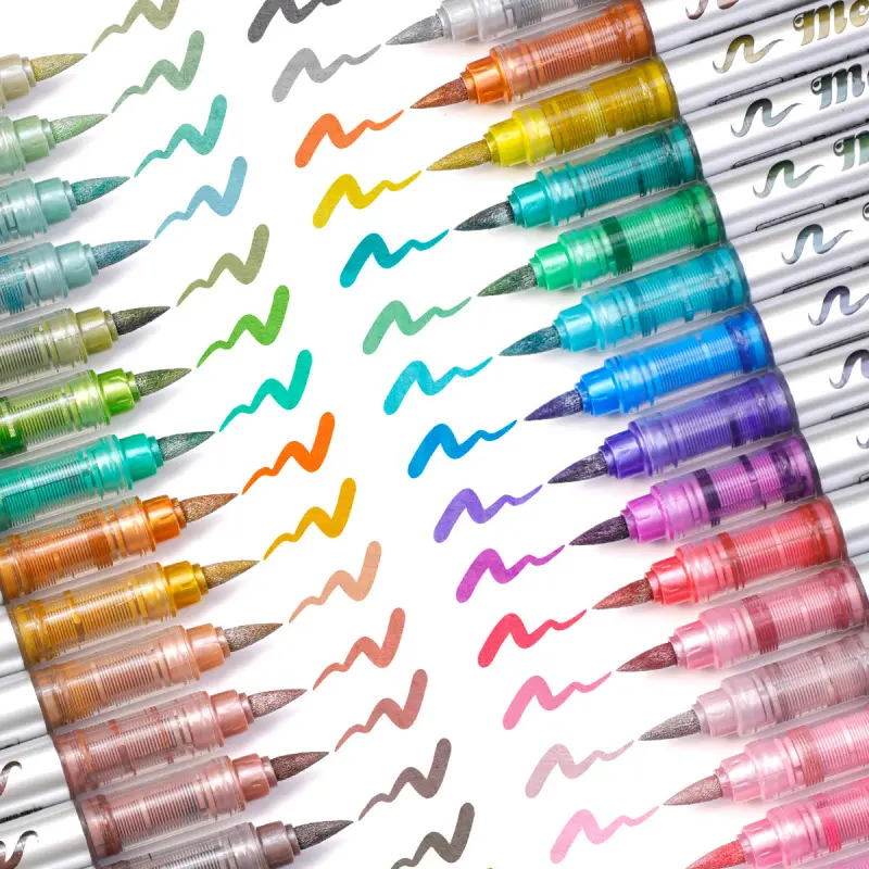 Metallic Brush Marker Pens,Automatic Ink Control Acrylic Paint Metallic Pens Art Markers With Layered Storage Box,Brush Tip Acrylic Paint Pens for Rock Painting, Ceramic, Wood, Canvas, Glass, Stone, Fabric, Card Making, DIY & Art Supplies