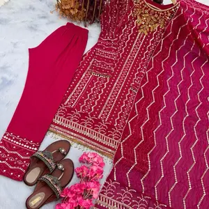 Indian Pakistani Dress - Red Embellished Suit with Matching Dupatta for Festive Wear