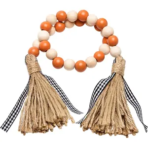R HORSE Wood Bead Tassel Garland Thanksgiving Farmhouse Rustic Bead with Jute Rope Plaid Tassel Tray Decoration Retro Room Decor Home String Prayer Wall Décor for Nursery Room Vase Ornament R HORSE