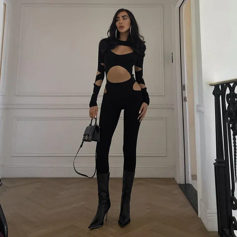 Black Hollow-Out Ripped Long Sleeve Women's Jumpsuit