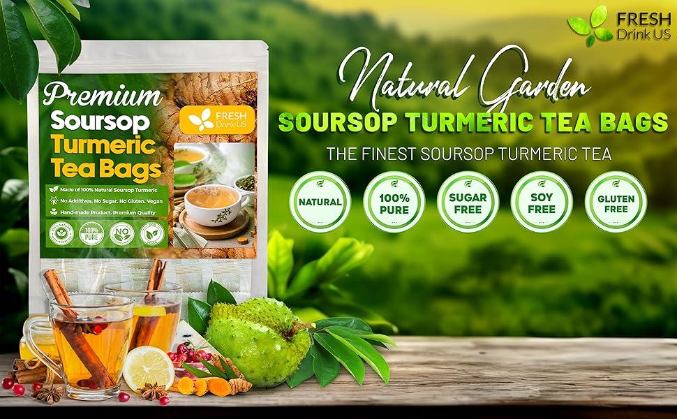 Premium 40 Soursop Turmeric Tea Bags, 100% Natural, Blend of Soursop Leaves, and Turmeric Root. Made with Natural Material Tea Bags. No Sugar, Vegan.