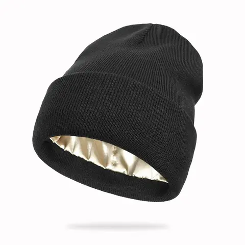 GOECI Fitted Solid Color Satin Lining Hair Bonnet Hats - Men's Casual Headwear, Streetwear Headwear, Skiing Accessories, Auspicious Black Bonnet for Gifts