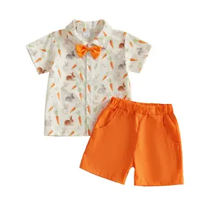 Toddler Baby Boy Easter Outfits Set Bunny Carrot Print Short Sleeve Bowtie Shirt Solid Shorts 2 Piece Gentleman Clothing Set 1-5T