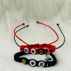 Couples Initial Bracelet Set Personalized Red & Black Braided Bracelets with Custom Letters & Heart Charm Perfect Gift for Love Story