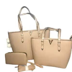 Wide-Band h Tote Bag with Matching Wallet and Crossbody Strap in Beige Leather