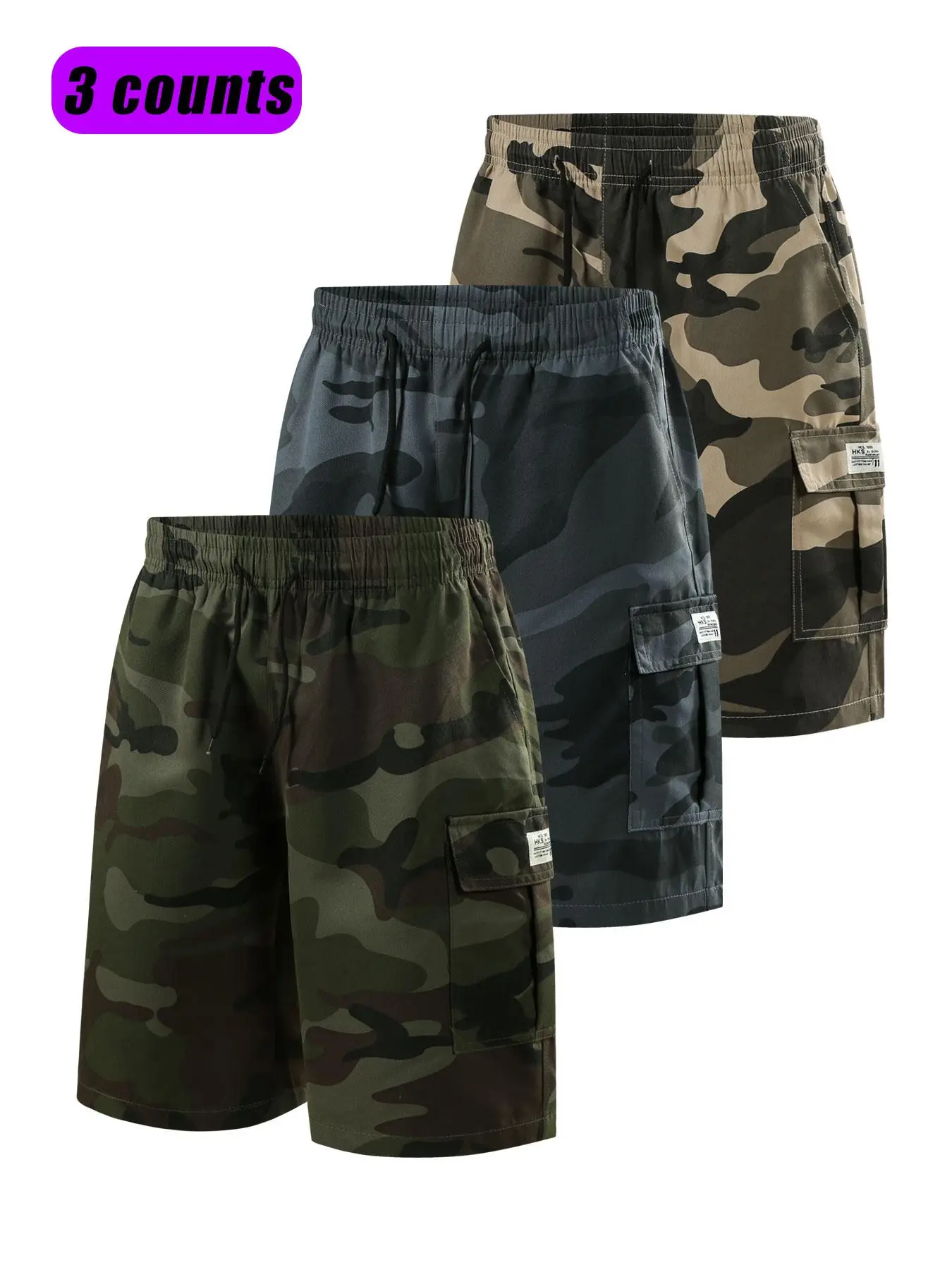Men's Plain / Camo Print Letter Patched Drawstring Waist Cargo Shorts, Regular Fit Casual Comfortable Breathable Flap Pocket & Slant Pocket Design Sho