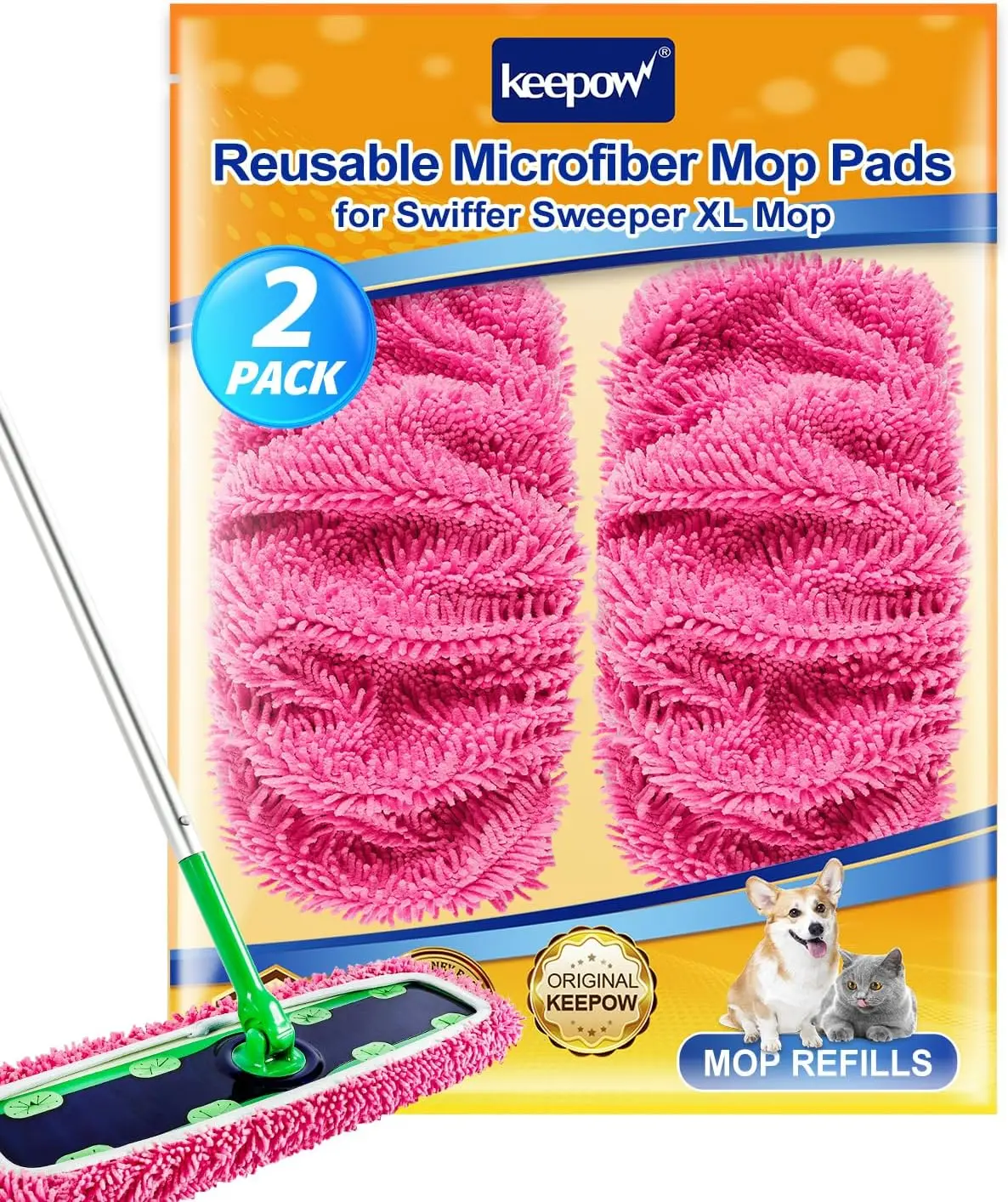 KEEPOW Reusable Microfiber Mop Pads Compatible with Swiffer XL, 2-Pack Pink Wet & Dry Refills
