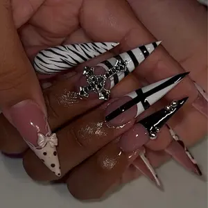 Black White Cross Press On Nails, Zebra Stripe Goth Nails, Y2K Punk Stiletto Press Ons, Coquette Bow Acrylic Nails, Emo Alt Girl Nail Set