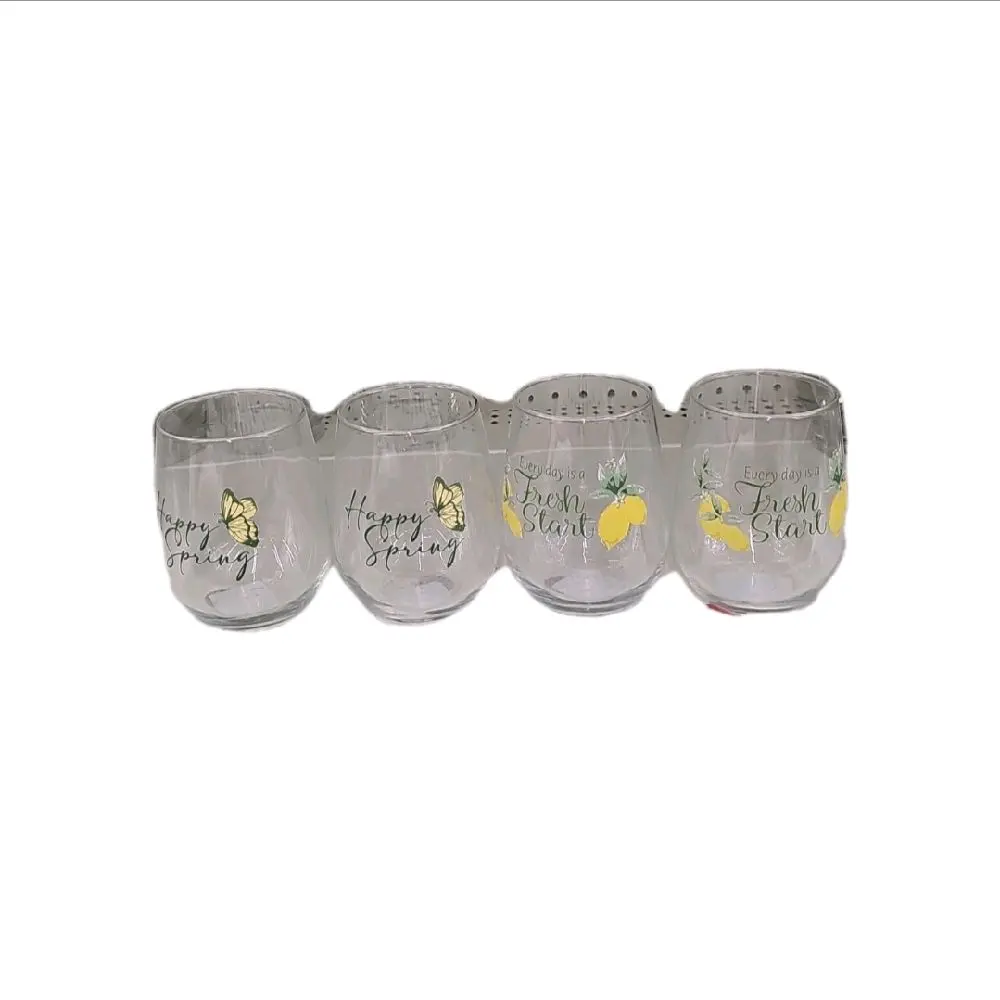 Decorated Stemless Wine Glasses Set of 4 Butterfly Lemon Spring Design Glossy