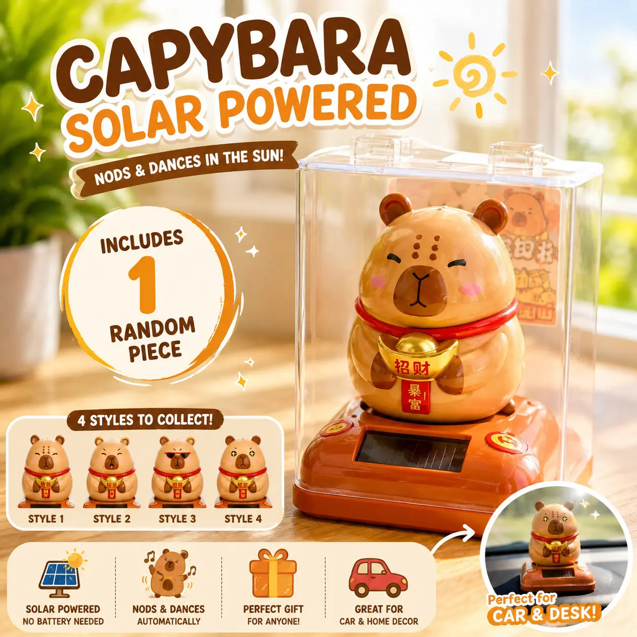 Solar Powered Capybara Bobblehead Toy- 1 Random Style- Cute Car Dashboard & Desk Decor