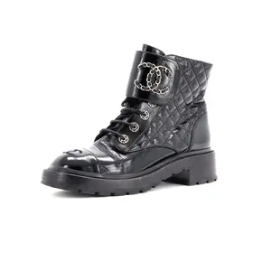 Pre-owned Chanel Women's Chain CC Cap Toe Lace Up Combat Boots Quilted Shiny Calfskin by Rebag