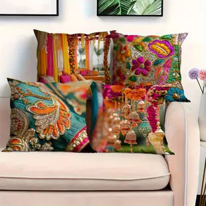 [Vibrant Indian Pillow Covers] 4pcs Vibrant Indian Style Throw Pillow Covers - Colorful Retro Arches, Traditional Wedding Scenes, Floral & Decorative Hanging Prints - Zippered Polyester Cushion Cases, 17.7" Square Decorative Pillow Cushion Slipcovers