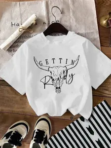 Women's Bull Head & Letter Print Round Neck Tee, Fashion Casual Drop Shoulder Short Sleeve T-shirt, Ladies Summer Clothes for Daily Wear, Casual Comfy Top