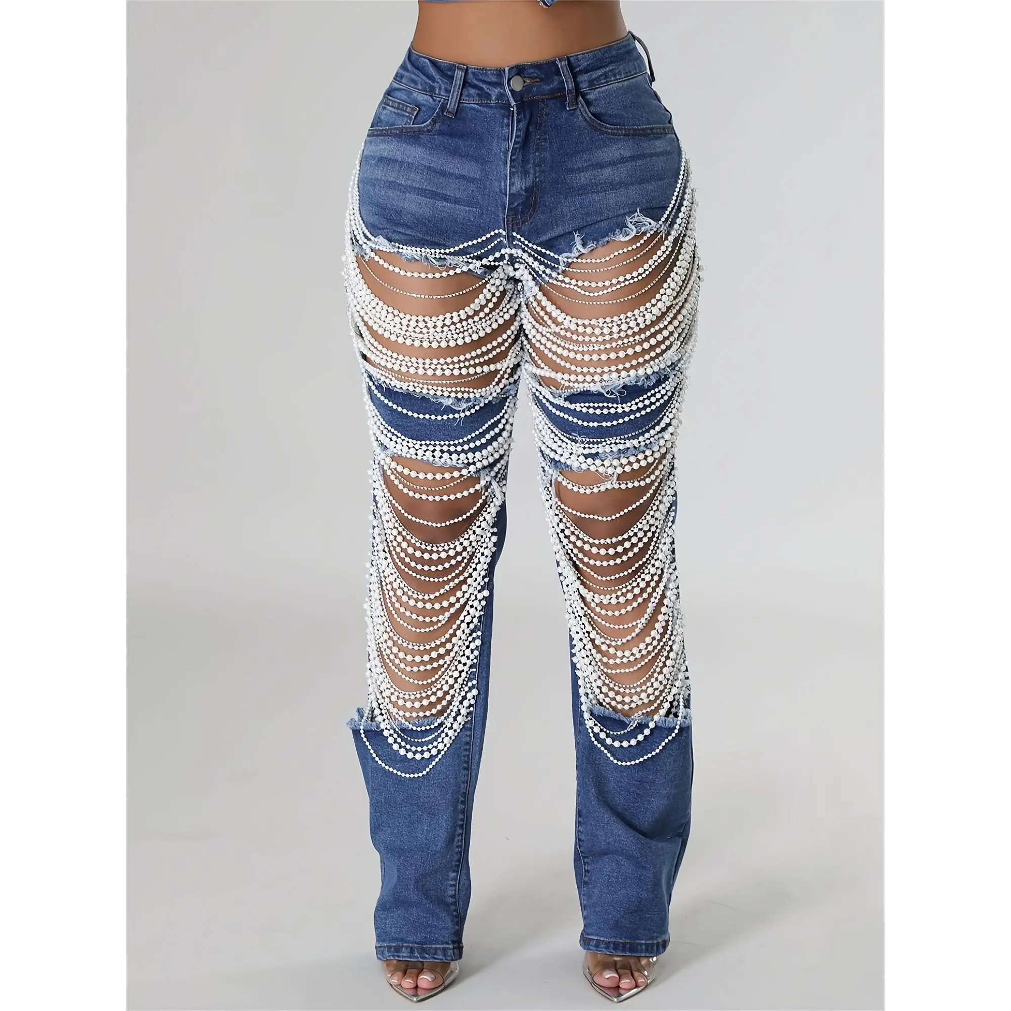 Straight Leg Jeans For Women Mid-Rise Distressed Ripped Hole Pearl Chain Denim Pants