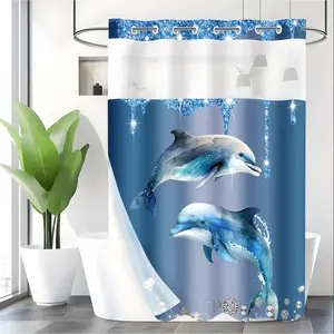 LVRLVR 1pc Ocean Themed Dolphin Shower Curtain with Sheer Top Window, Detachable Liner & No Hook C-Ring, 70.8" x 74"