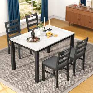 5 Piece Dining Table Set for 4, Faux Marble Kitchen Table and Chairs Set, Solid Wood Farmhouse Dinner Table Set,Venatino White Marble & Black