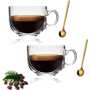 Large Clear Glass Coffee Mugs Set of 2,14.8 oz(440ml)-Wide Mouth  Cups with Handle and Spoon Transparent Drinking for Cappuccino Cups, Latte, Milk color 4 count