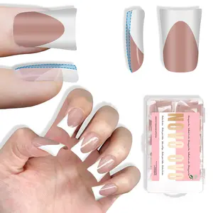 NOVO OVO Short Duck Nail Tips French Tip Press On BROWN PINK, Pre-designed Soft Gel Nail Extension, Need Buider Gel Top Coat, No Glue included, Full Cover Acrylic False Nails for DIY x 12 Sizes 240 pc【NO GLUE & TOP COAT INCLUDED】