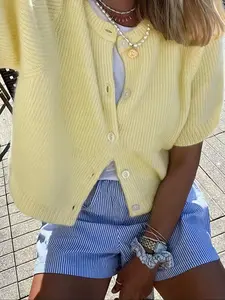 Women's Casual Short Sleeve Knit Top, Round Neck Plain Color Straight Button Design, Versatile Spring Summer Fall Outerwear Womenswear Knitwear Knitting