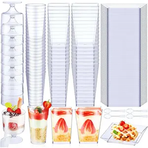 250 count Mini Dessert Cups with Spoons Clear Plastic Plates 5 oz and 3 oz Square Parfait Appetizer Cups for Parties Round Shooter Disposable Dessert Containers for Serving Pudding Mousse