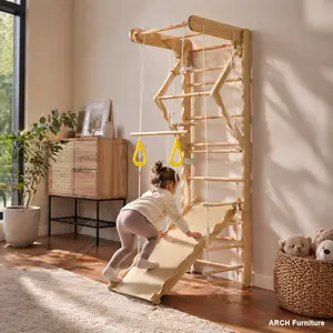 Toddler Pine Wood Foldable Pikler Triangle Climbing Set - Indoor Climbing Gym with Wall-Mount Ladder, Disassemblable for Easy Storage