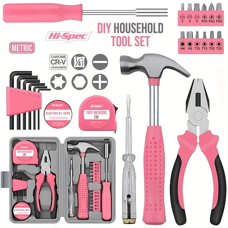 All-in-One Pink DIY Tool Kit with Organized Storage - Heavy-Duty Portable Hand Tool Set (Hammer, Vise, Wrenches, Screwdrivers) - Compatible for home & Car Repair - Stylish Pink Tool Set for &, DIY Projects & Emergency Maintenance