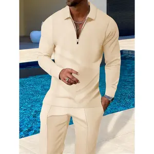 Men's 2-Piece Casual Outdoor Menswear Set - Long Sleeve Zip-Up Collar Waffle Texture Plain Top and Pants, Versatile Stylish Design