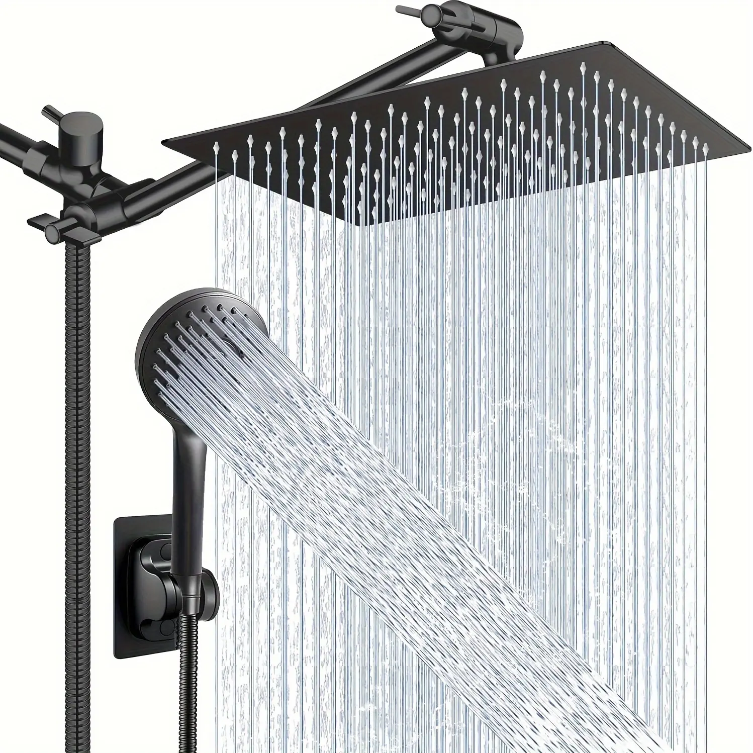 3-Piece Rain Showerhead Ensemble - 8/10 Inch High-Pressure Rain Shower, 11 Inch Adjustable Extension Arm, 5-Setting Handheld System with Long Hose, Water Filter Head for Low Water Pressure, Shower Head Ensemble, Three-Piece Set Handheld Showers
