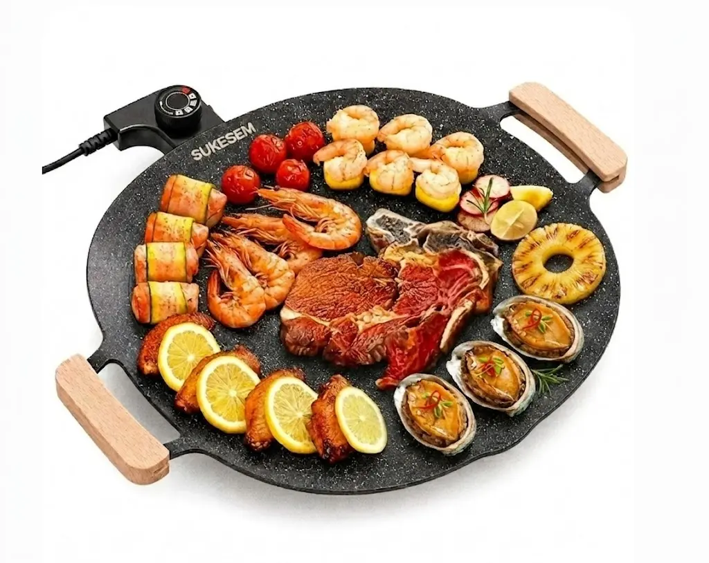 15in Smokeless Electric Grill Pan - Nonstick Round Griddle with Adjustable Temperature Control, Cord, Space-Saving Compact Portable Multifunction Hot Plate for Indoor BBQ, Steak