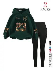 Women's Casual Hooded Sweatshirt Set, Athletic Tracksuit Set, Sweatsuit Loose, Leopard Print Loose-Fit Top & High-Waist Yoga Pants, Winter Fashion for Running, Athleisure Sweatsuit