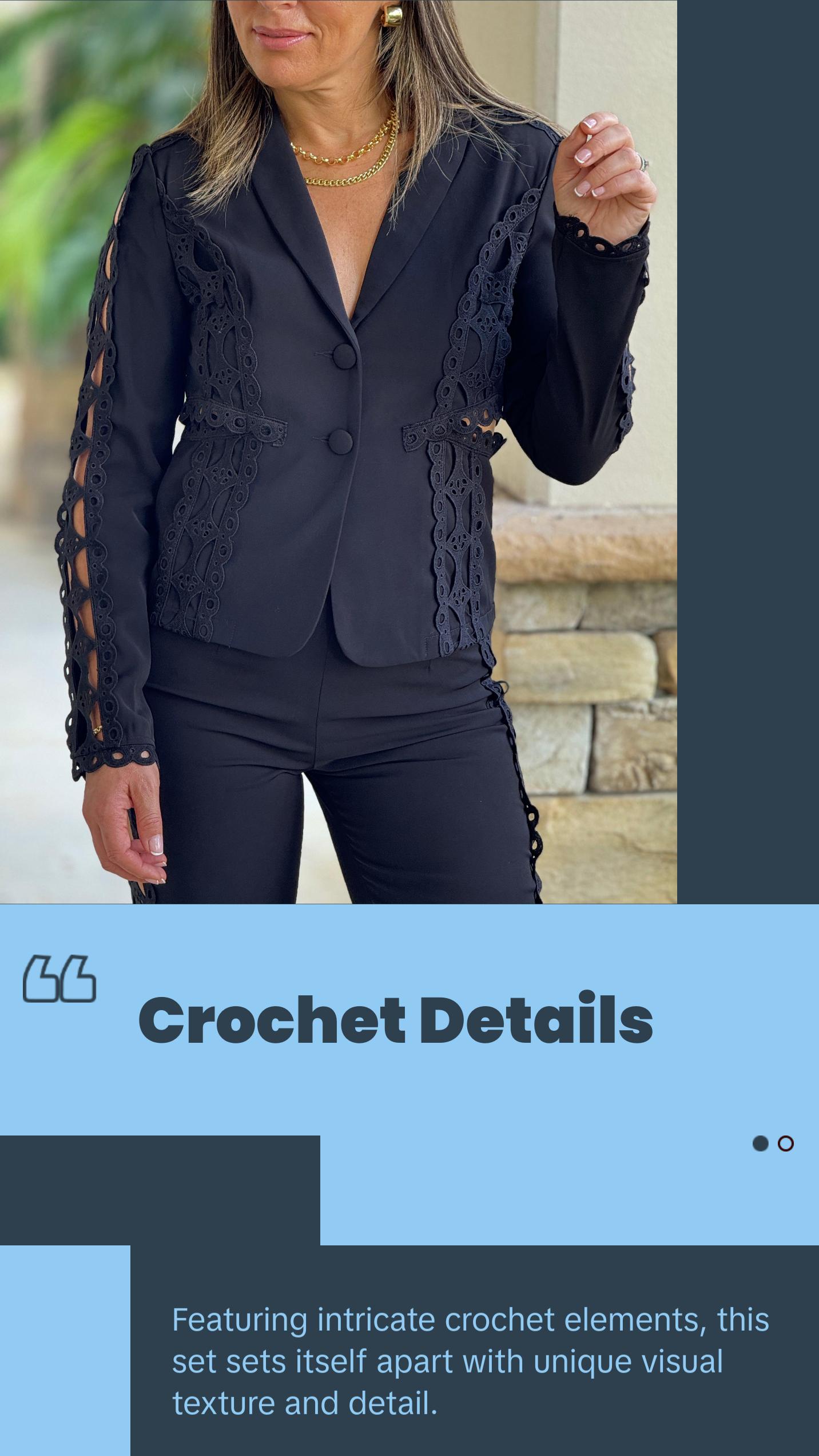 "Melissa" Long Sleeve Blazer And Crochet Details Matching Pants Set