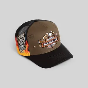 Field Grade Final Ride Flames Olive Distressed | trucker hat | distressed material | twill mesh | olive green | embroidered flames | adjustable | unisex | streetwear | vintage | casual | dad hat | Trendy Hat 2026 | Streetwear Headwear | Fashion Cap