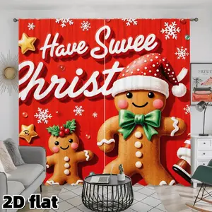 2D Flat 2Pcs Sweet Christmas Gingerbread Man Printed Curtain Panel, Red Holiday Theme, Rod Pocket Style, Semi Sunshade Polyester Fiber, Suitable for Home Living Room Bedroom Balcony Kitchen Study Shower Window Decoration, Winter Festival